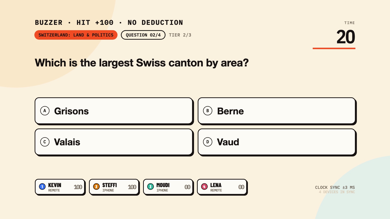 Buzz Night on Apple TV: an English trivia question, Which is the largest Swiss canton by area, with four lettered options Grisons, Berne, Valais and Vaud. The header reads Buzzer, hit plus 100, no deduction. A rail of four seated players runs along the bottom.