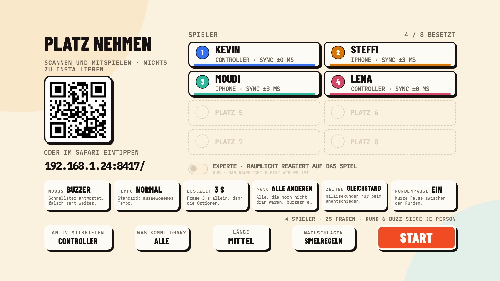Buzz Night's lobby on Apple TV: a QR code and a typed-in address on the left, four of eight seats filled with names, device types and clock-sync figures on the right, and a row of game settings underneath.