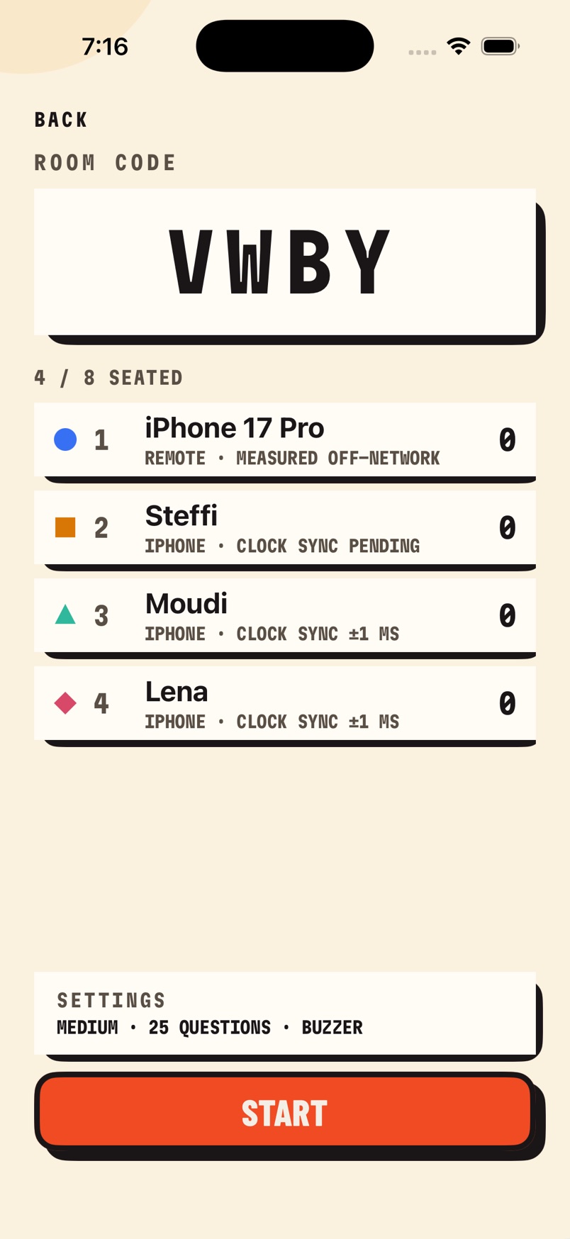 Buzz Night on iPhone: the host's lobby with the room code VWBY in large letters, four of eight seats filled, the settings Medium, 25 questions, Buzzer, and an orange START button.