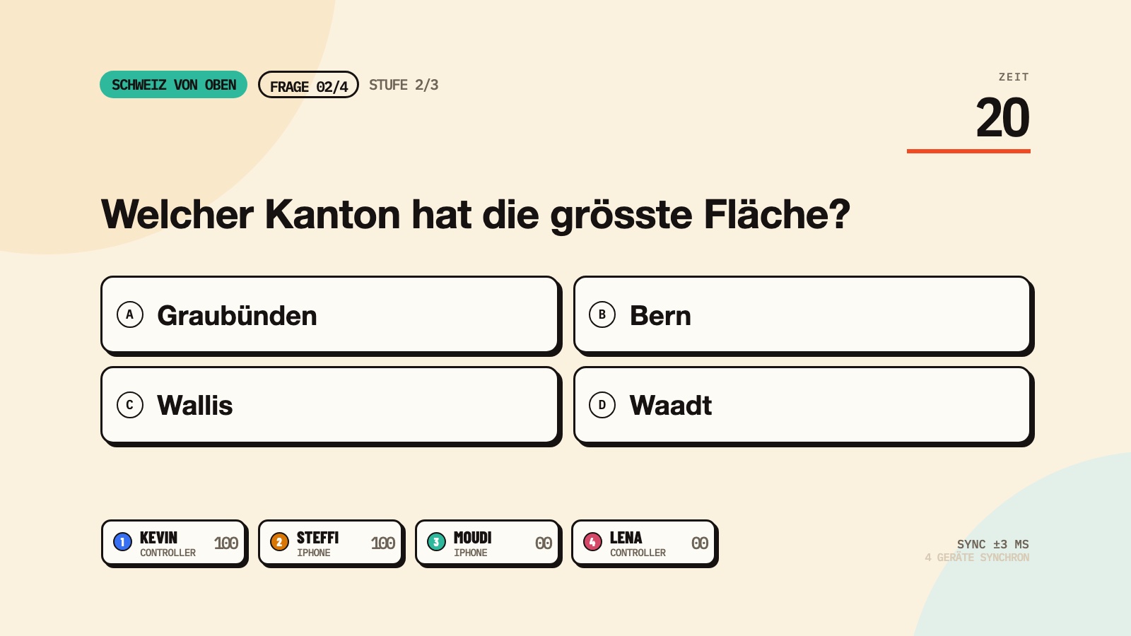 Buzz Night on Apple TV: a German trivia question, Welcher Kanton hat die grösste Fläche, with four lettered options, a countdown clock, and a rail of four seated players along the bottom showing their scores.