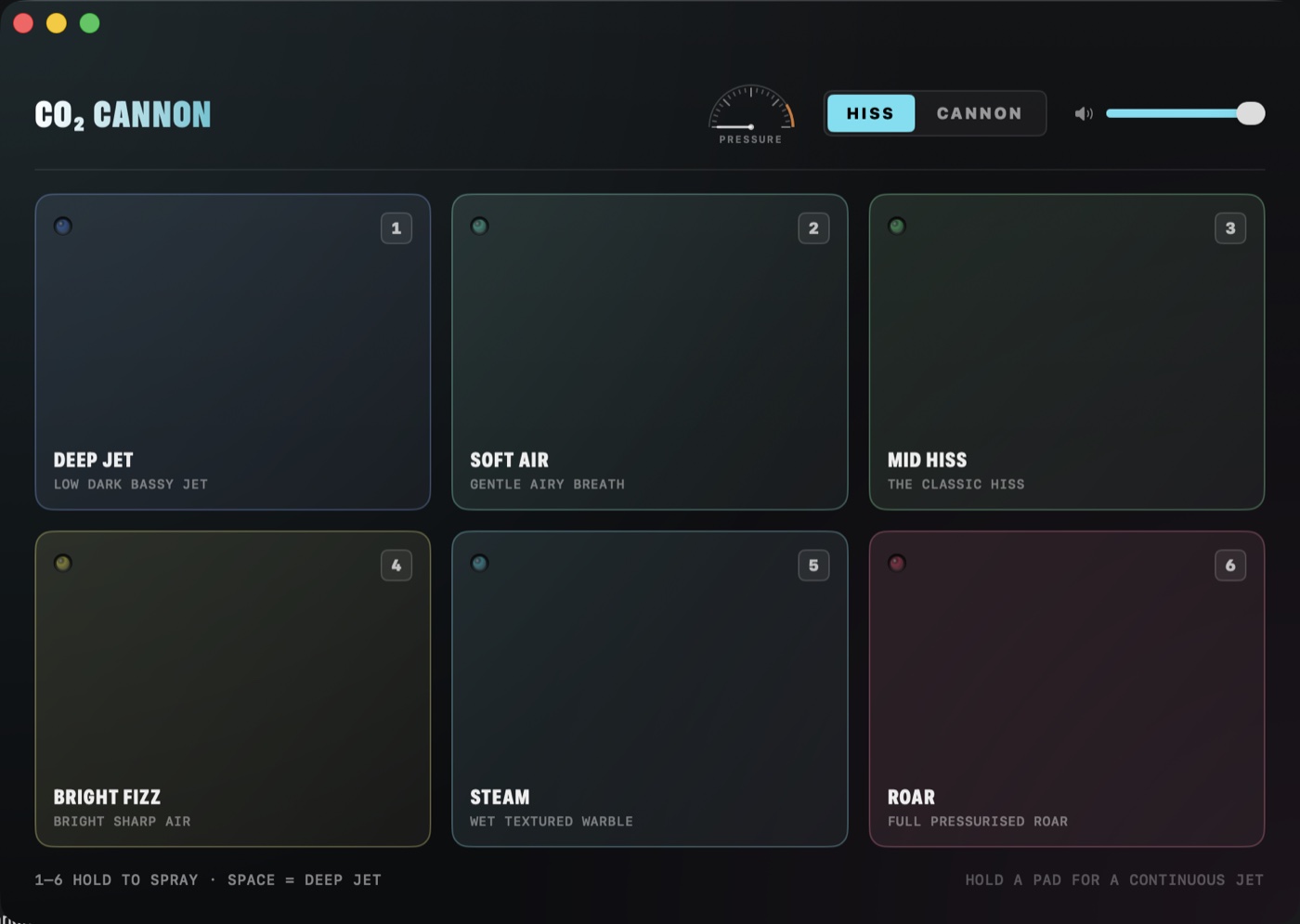CO₂ Cannon for Mac — the HISS bank: six procedural jet pads (Deep Jet, Soft Air, Mid Hiss, Bright Fizz, Steam, Roar) with a live pressure gauge and a HISS / CANNON switch.