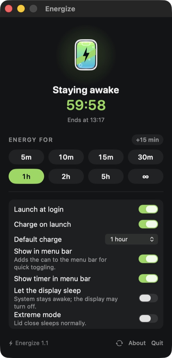 Energize for Mac — the menu-bar popover, active: a glowing energy can, ‘Staying awake’ with a live countdown, charge presets from 5 minutes to indefinitely, and settings.