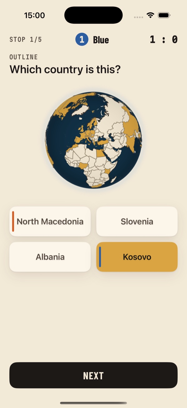 An Inkglobe duel on one iPhone, stop 1 of 5, 1 to 0 for Blue: the outline question Which country is this? with four answers. Kosovo is right and carries Blue's stripe. North Macedonia carries the other player's stripe.