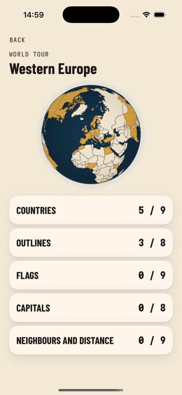 Inkglobe's World Tour, Western Europe: a globe with the region's countries in gold and five legs underneath, Countries 5 of 9, Outlines 3 of 8, Flags 0 of 9, Capitals 0 of 8, Neighbours and distance 0 of 9.