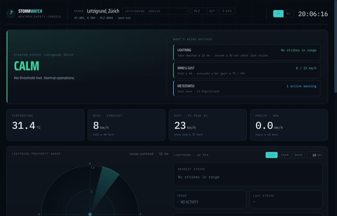 StormWatch weather-safety console: stadium status CALM with lightning radar