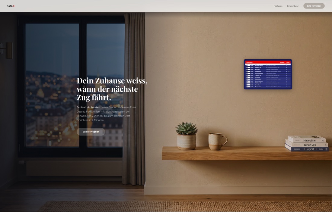 tafe.li departure board on a wall shelf showing live Swiss train times on an e-ink display
