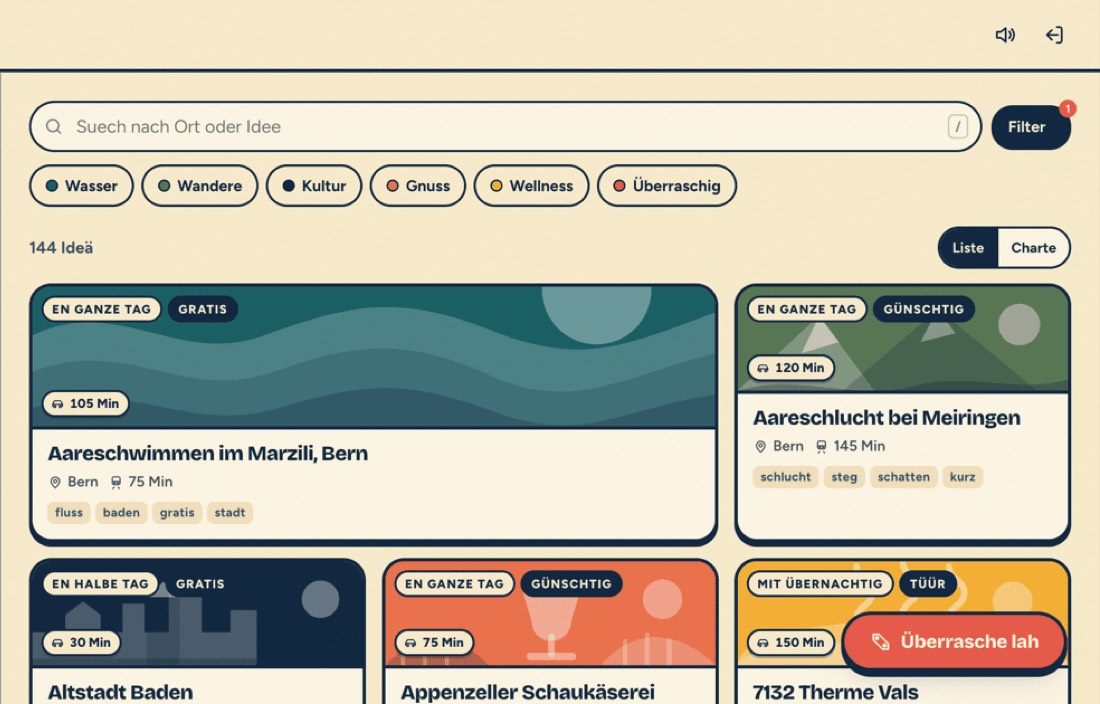 Usegha web app: a catalogue of day-trip ideas with category filters and travel times