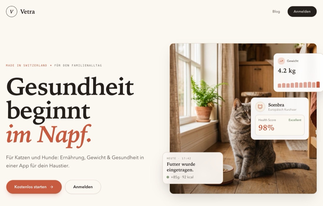 vetra.care web app: a cat with weight and feeding cards