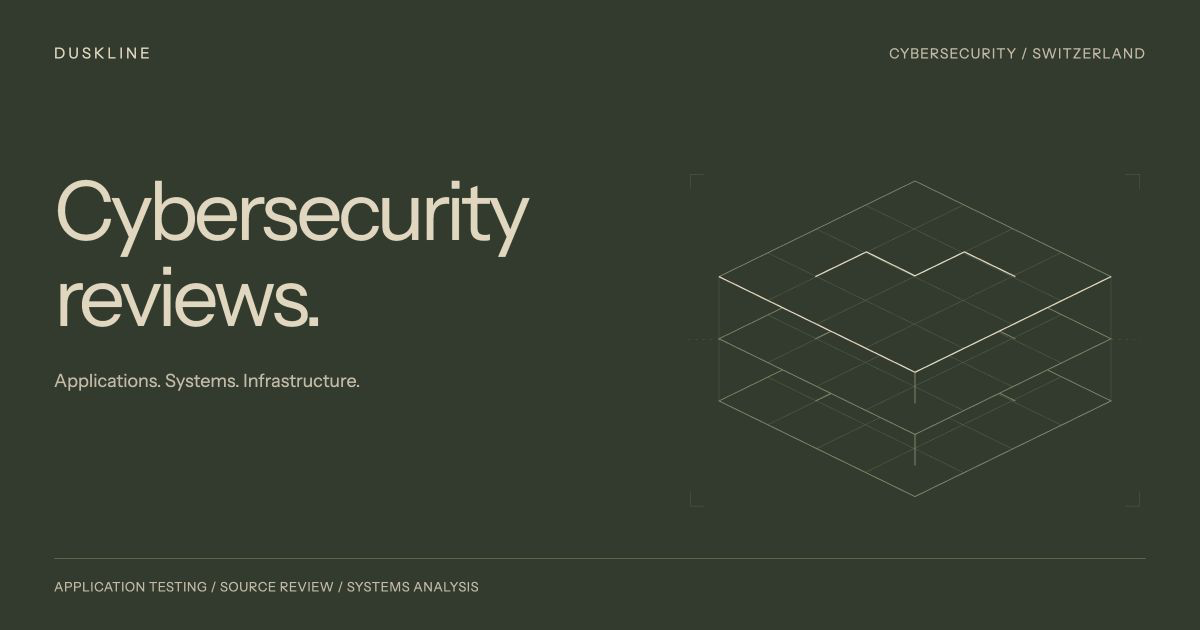 Duskline cybersecurity showcase with an olive-green layered systems diagram