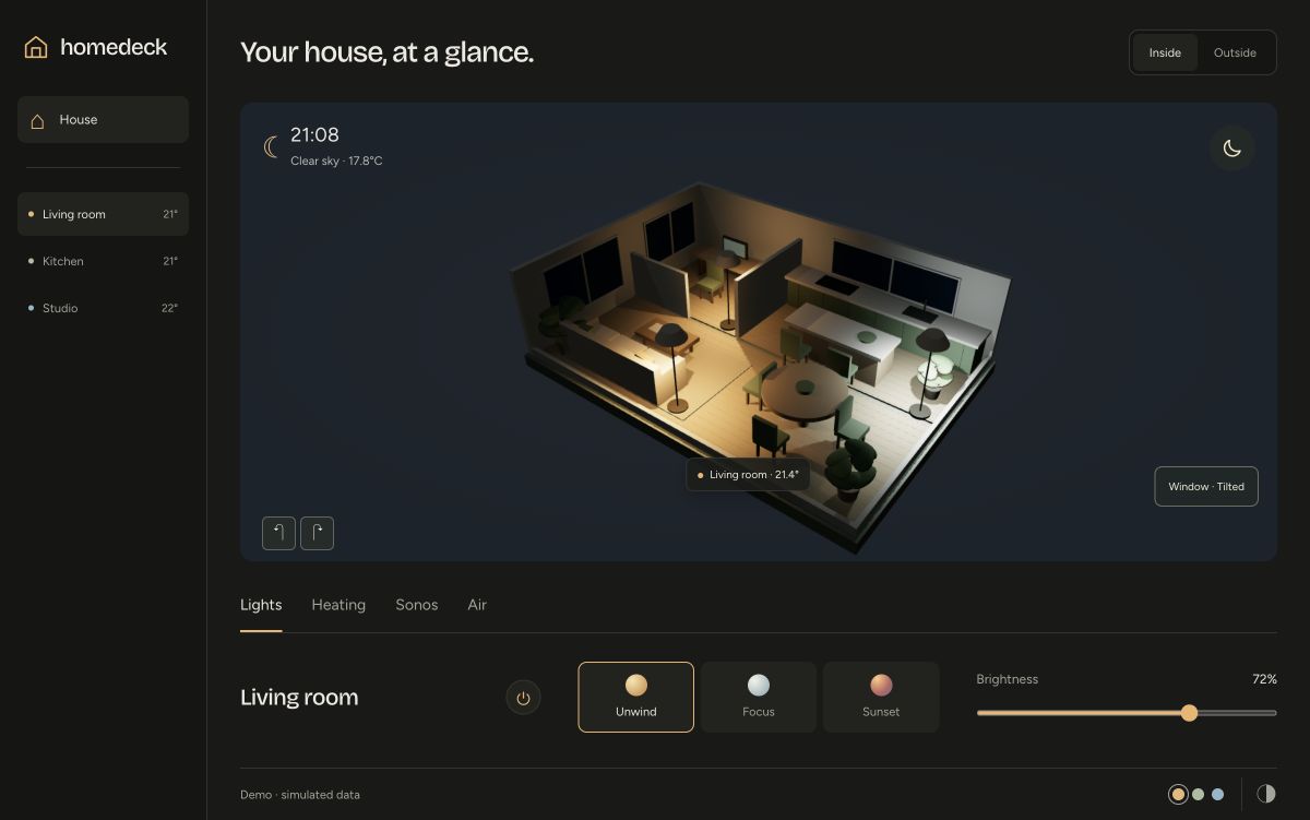 HomeDeck smart-home interface with an illuminated fictional house and room controls