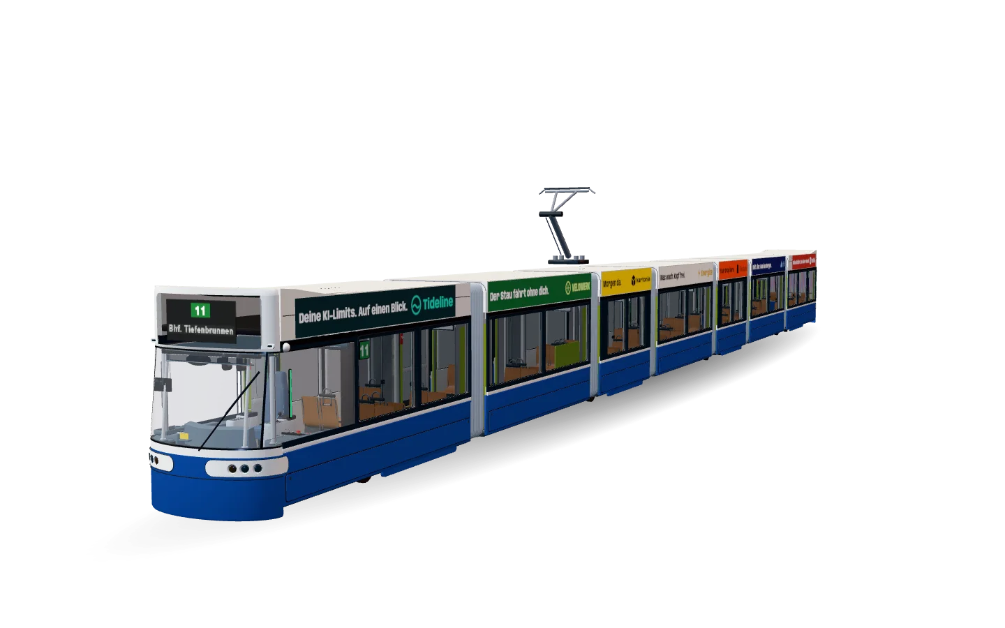 The tram from the Zürich Tram sim, line 11 to Tiefenbrunnen.