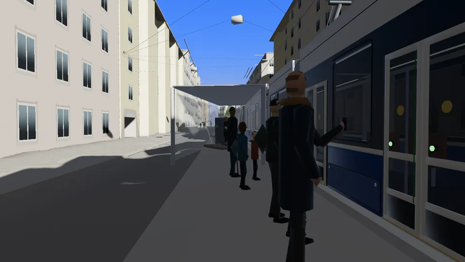 Früher Stand: dunkle Figuren warten an der Kreuzstrasse neben dem Tram