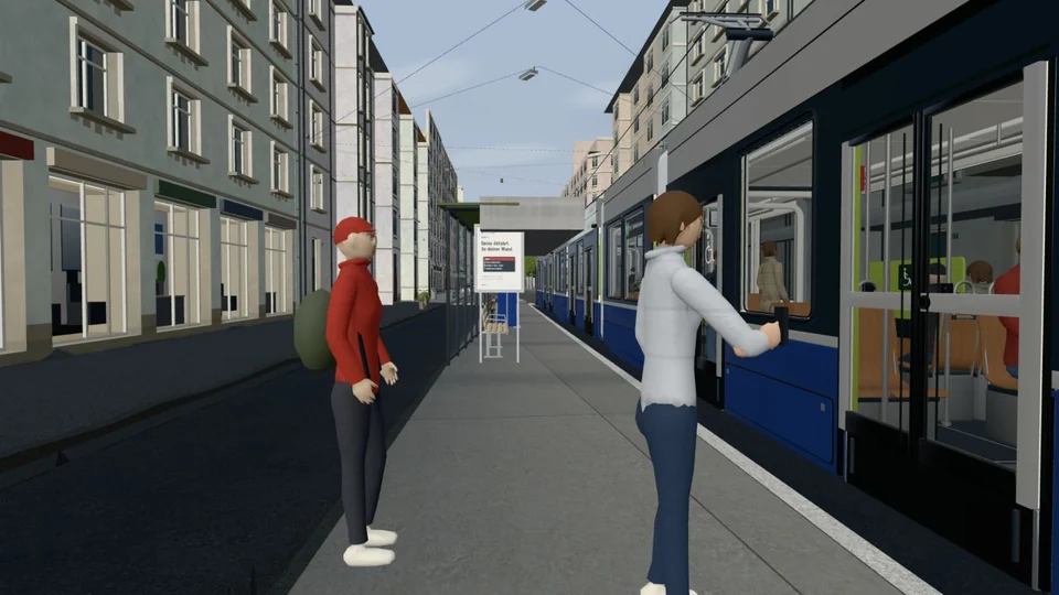Wartende Fahrgäste mit Rucksack und Mantel an der Haltestelle Kreuzstrasse; weitere Fahrgäste sind im Tram zu sehen