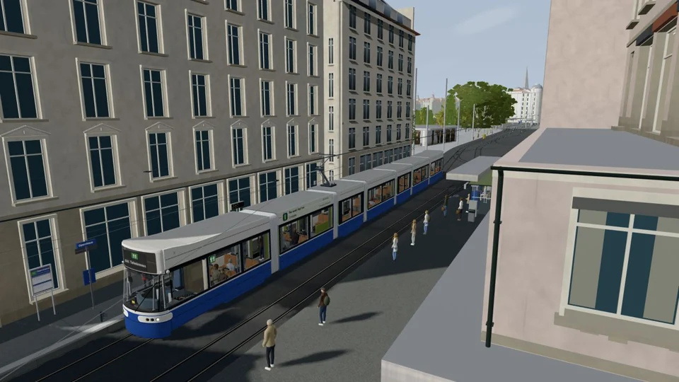 Heute: das blau-weisse siebenteilige Tram von schräg oben an der Haltestelle Opernhaus, Fussgänger auf dem Perron