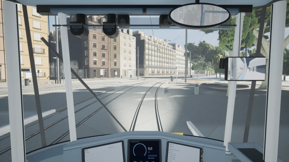 Führerstand bei Tag mit Fahrpult und Kameramonitor