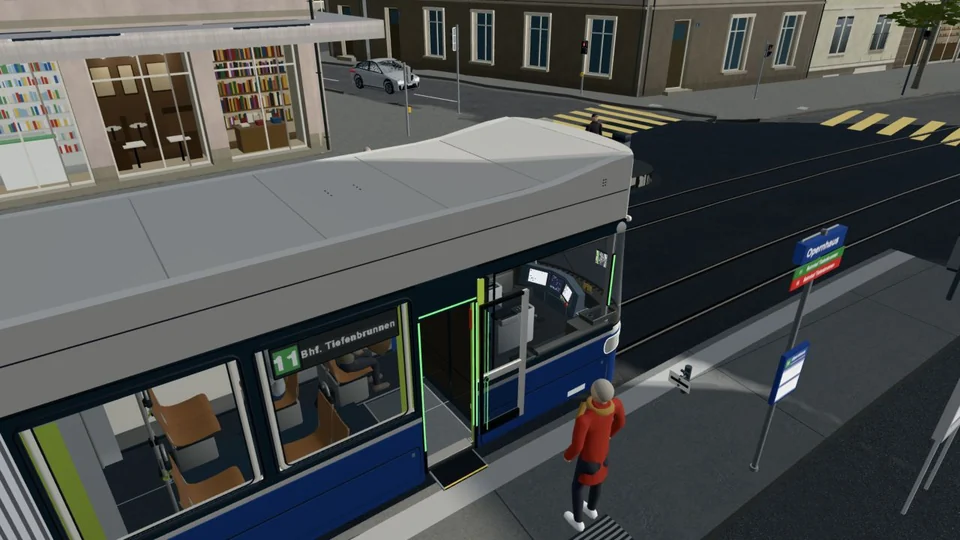 das blau-weisse Tram der Linie 11 am Opernhaus mit geöffneten Türen