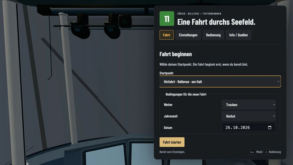 das dunkle Spielmenü mit den Einstellungen für eine neue Fahrt