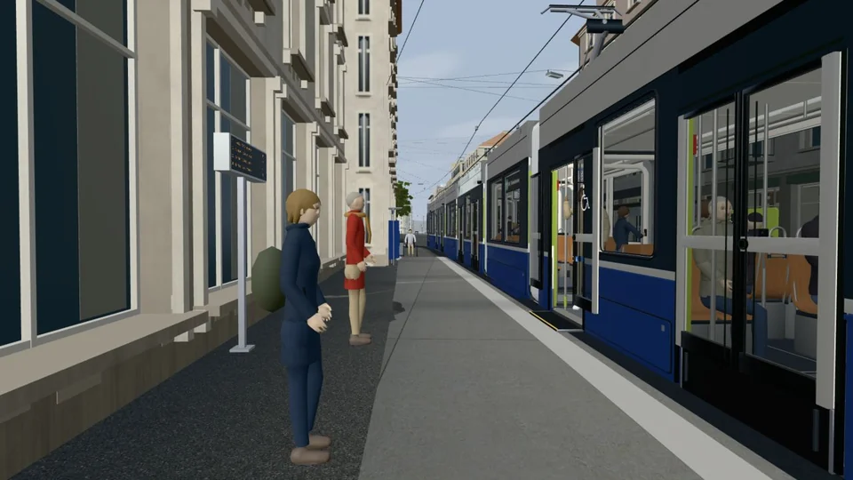 Fahrgäste am Tram an der Haltestelle Opernhaus